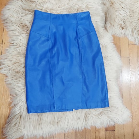 Vintage Cobalt Blue Wilsons Leather CHIA Pencil Skirt Midi Size 10 / 26in Waist - Picture 10 of 10